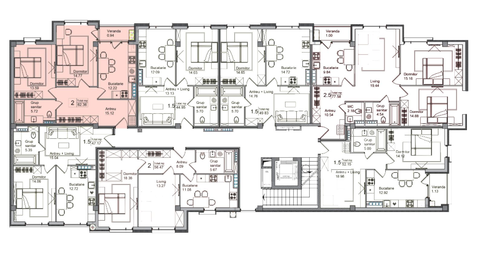 Amplasare pe etaj · Apartamente · 62.36 m²