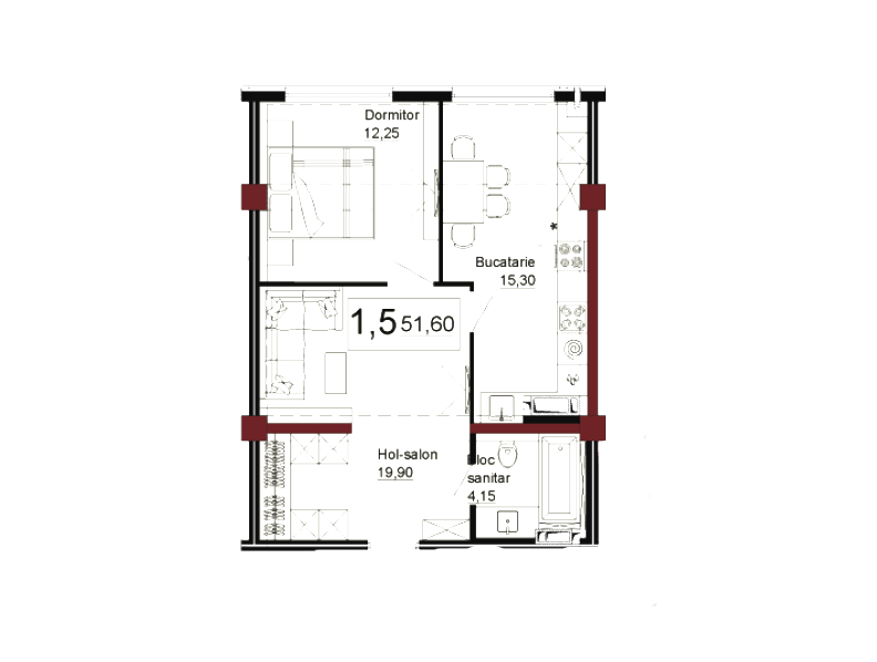 Planimetrie · Apartamente · 51.6 m²