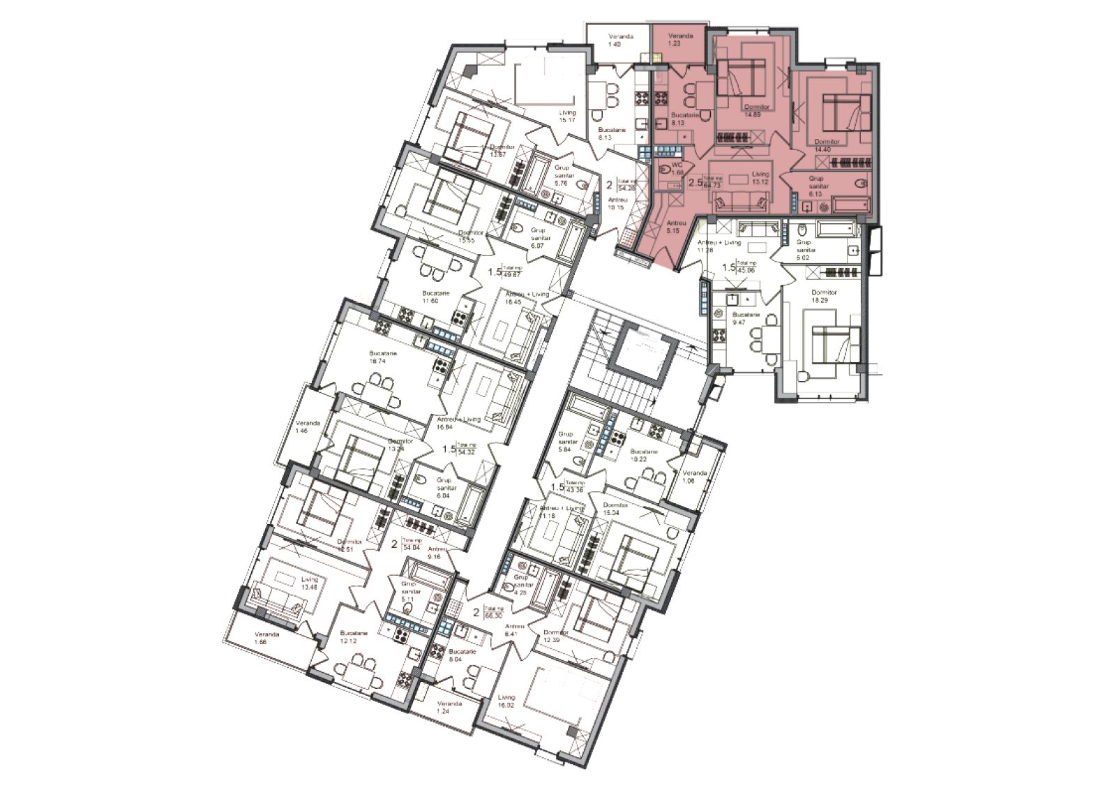 Amplasare pe etaj · Apartamente · 64.73 m²