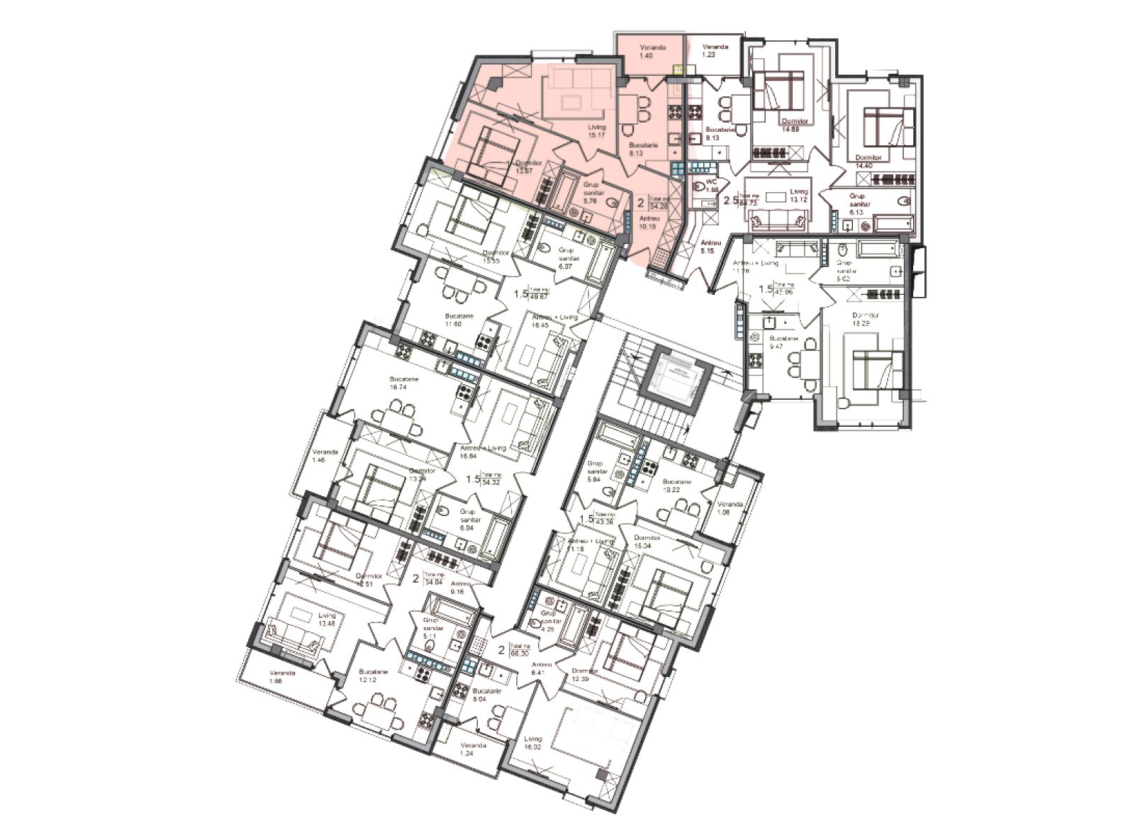 Amplasare pe etaj · Apartamente · 54.28 m²