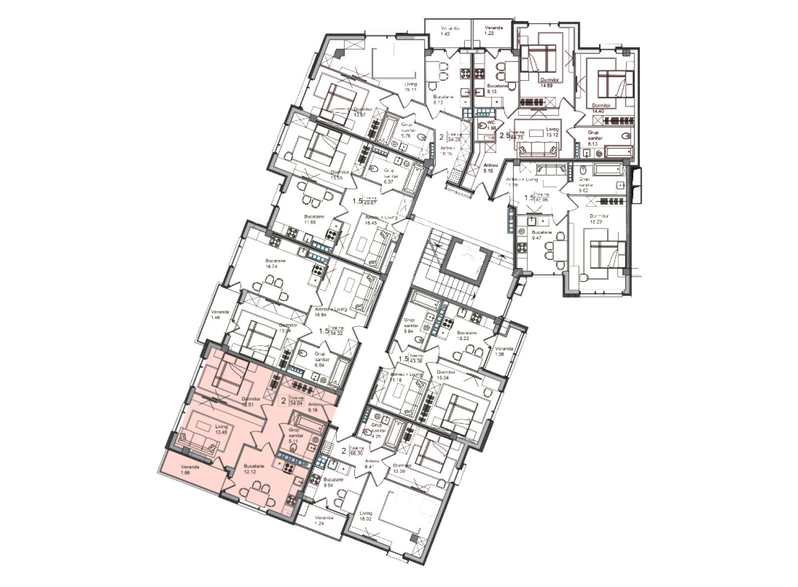 Amplasare pe etaj · Apartamente · 54.04 m²