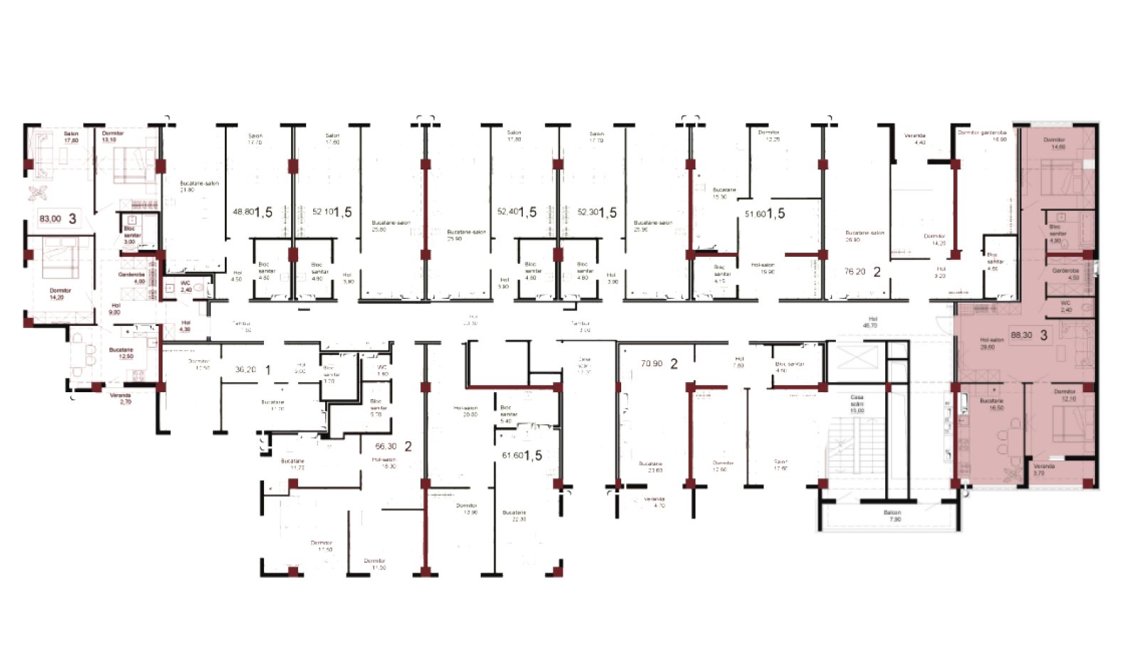 Amplasare pe etaj · Apartamente · 88.3 m²