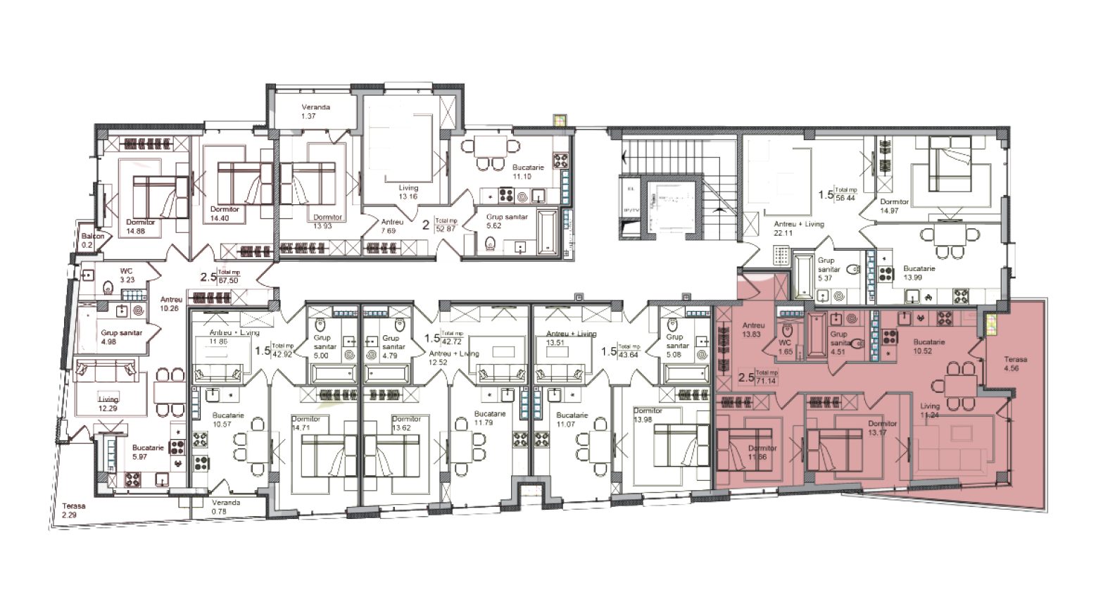 Amplasare pe etaj · Apartamente · 71.14 m²