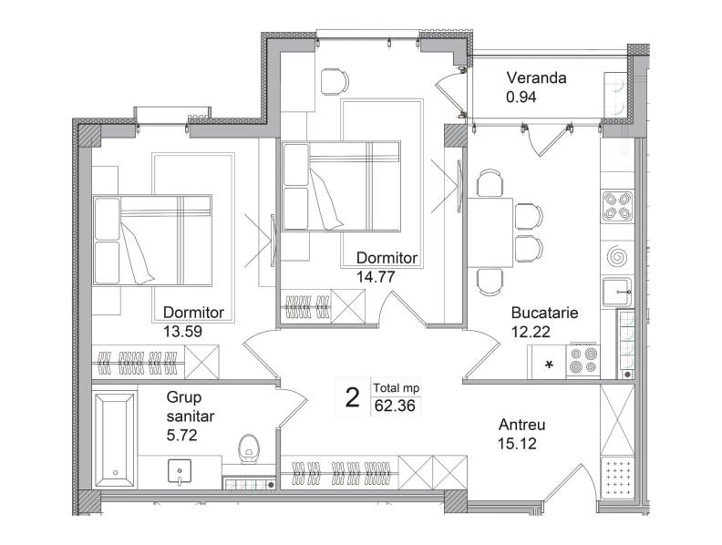 Planimetrie · Apartamente · 62.36 m²