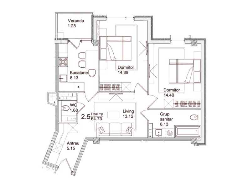 Planimetrie · Apartamente · 64.73 m²