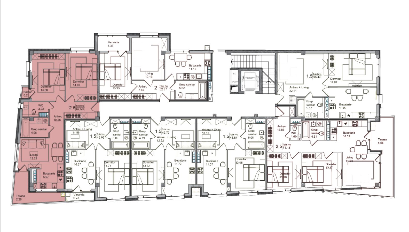 Amplasare pe etaj · Apartamente · 67.5 m²