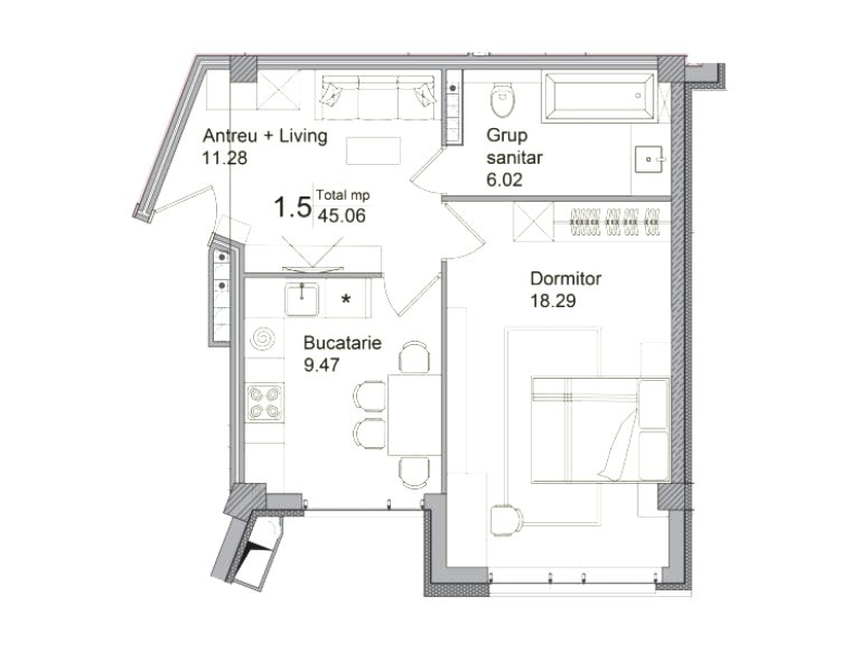 Planimetrie · Apartamente · 45.06 m²