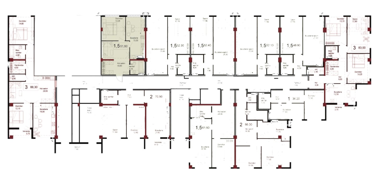 Amplasare pe etaj · Apartamente · 51.6 m²