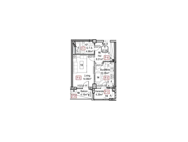 Planimetrie · Apartament · 43.95 m²