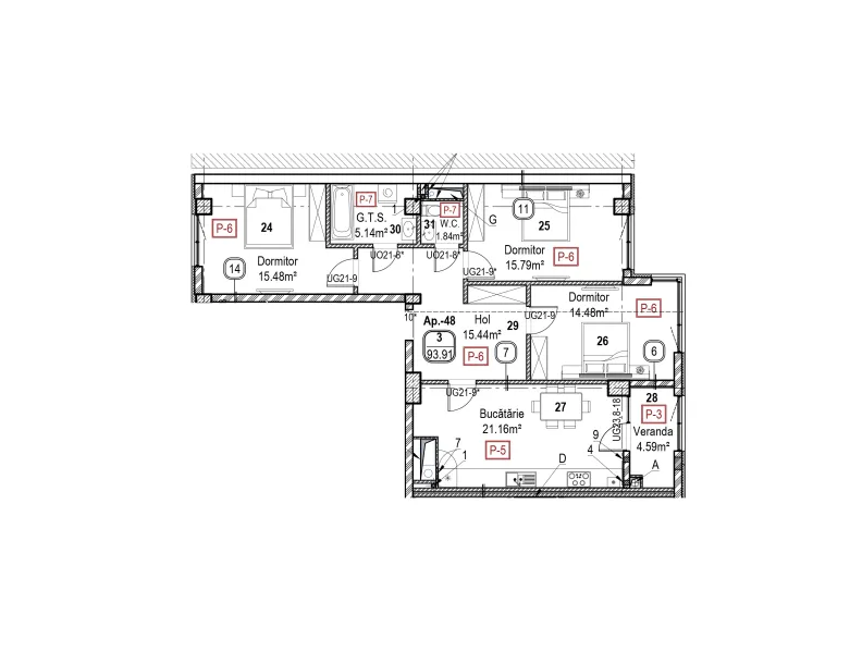 Planimetrie · Apartamente · 93.91 m²